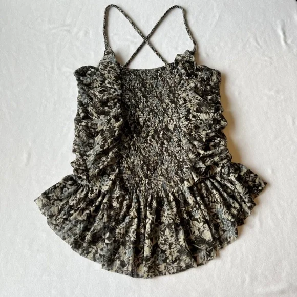 Free People smocked ruffle floral feminine tank - Picture 3 of 11